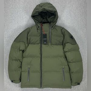 TUMI Asymmetrical Zip Premium Down Fill Puffer Hooded Jacket Olive Men's L $800
